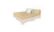 The Affinity Square Sunbed with Backrest Cushion by Ledge Lounger is a beige platform bed ideal for poolside relaxation. It features a cushioned backrest, minimalistic design, and includes two gray and two white throw pillows against a crisp white background—perfect for any outdoor space.