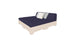 The Affinity Square Sunbed by Ledge Lounger features a minimalist design with a navy blue mattress on a light beige base. It includes two back cushions—one white, one light gray—ideal for poolside relaxation against a plain white backdrop. Perfect for enhancing any outdoor space.