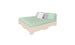 The Affinity Square Sunbed with Backrest Cushion by Ledge Lounger offers a minimalist design perfect for outdoor spaces, featuring a beige frame and inclined headboard. It includes a light green mattress and two pillows (one white, one light grey) ideal for relaxing poolside against a serene white backdrop.