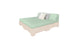 The Affinity Square Sunbed with Backrest Cushion by Ledge Lounger offers a minimalist design perfect for outdoor spaces, featuring a beige frame and inclined headboard. It includes a light green mattress and two pillows (one white, one light grey) ideal for relaxing poolside against a serene white backdrop.