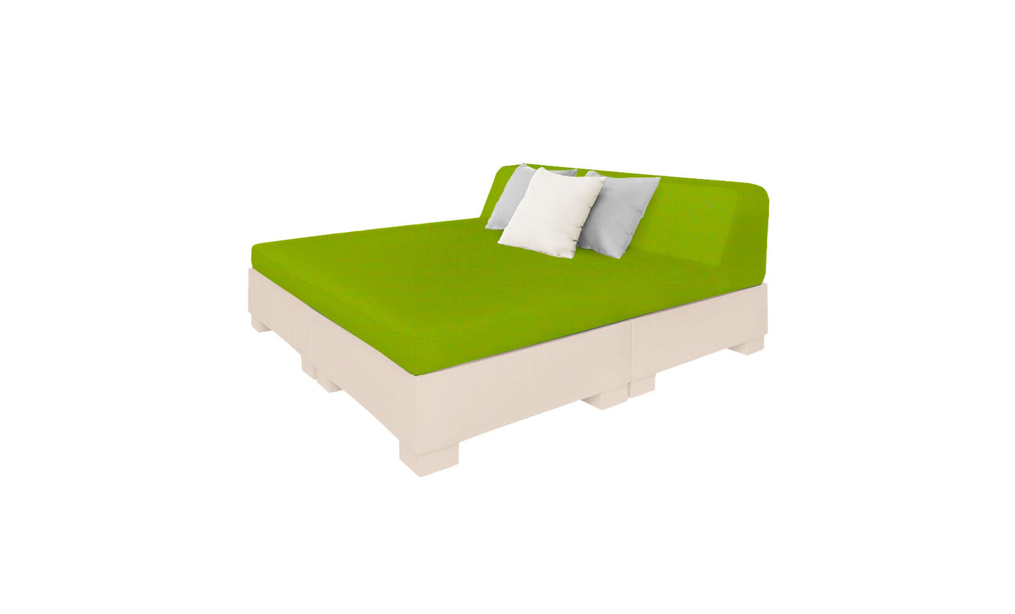 The Affinity Square Sunbed with Backrest Cushion by Ledge Lounger features a green mattress, two pillows (one white, one light gray), and a light base, ideal for relaxing poolside in your outdoor space against a pristine white backdrop.