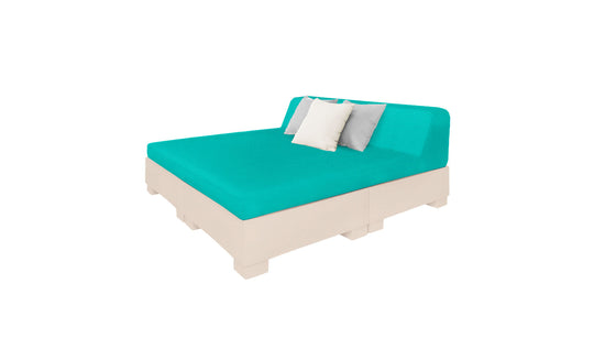Discover the Affinity Square Sunbed with Backrest Cushion by Ledge Lounger, ideal for poolside relaxation. It boasts a turquoise mattress and headboard on a beige base, along with two pillows (one white, one gray), enhancing any outdoor space with its sleek design against a pristine white backdrop.