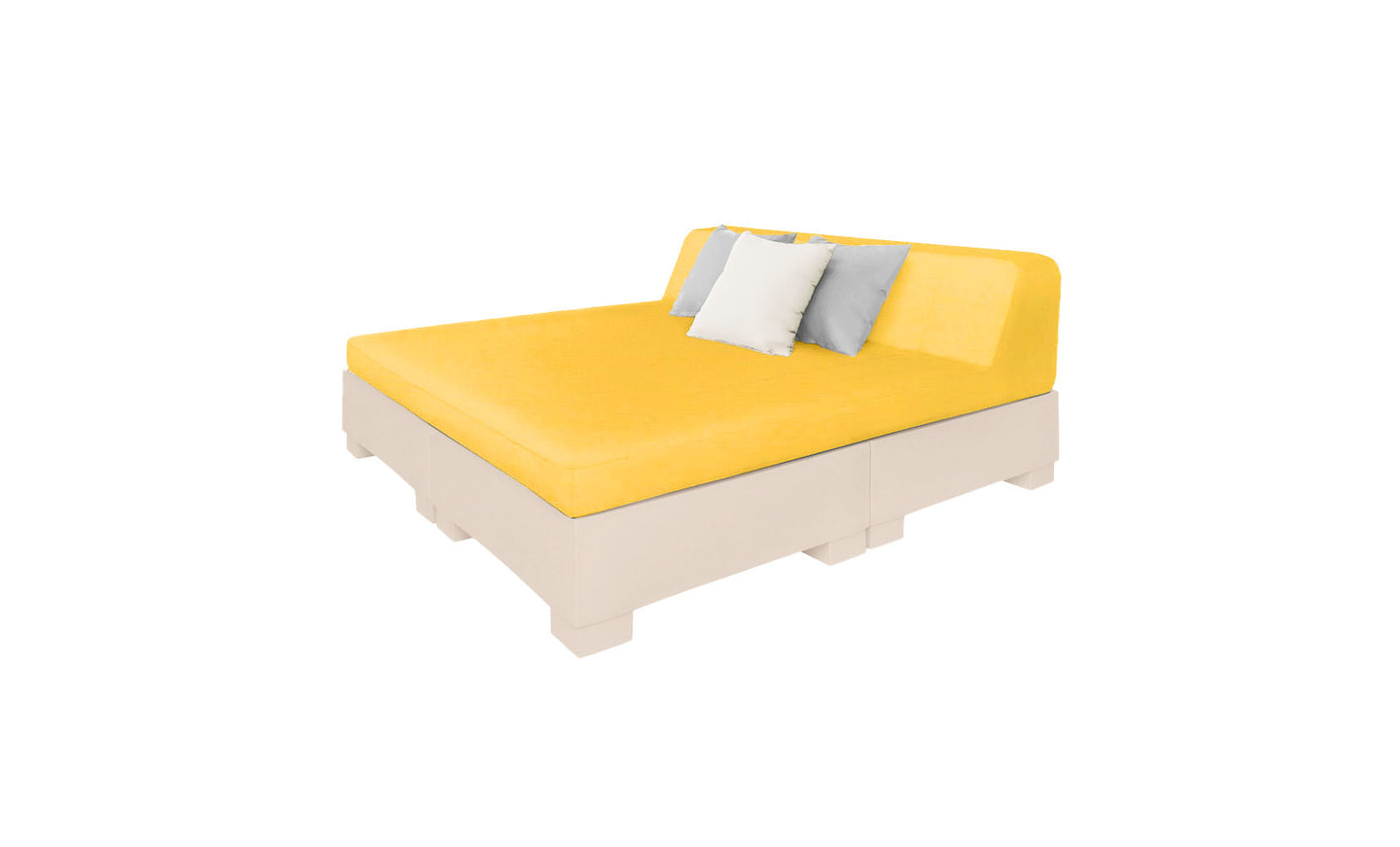 Introducing the Affinity Square Sunbed with Backrest Cushion by Ledge Lounger: a modern bed featuring a bright yellow mattress, two gray pillows, and a white pillow on a sleek white base. Perfect for poolside relaxation, it enhances outdoor spaces with its minimalist design against a plain white backdrop.