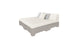 Introducing the Affinity Square Sunbed with Backrest Cushion by Ledge Lounger, a minimalist outdoor bed featuring a light gray base, white mattress, and three pillows (two gray, one white). Perfect for poolside relaxation with no visible frame or headboard.