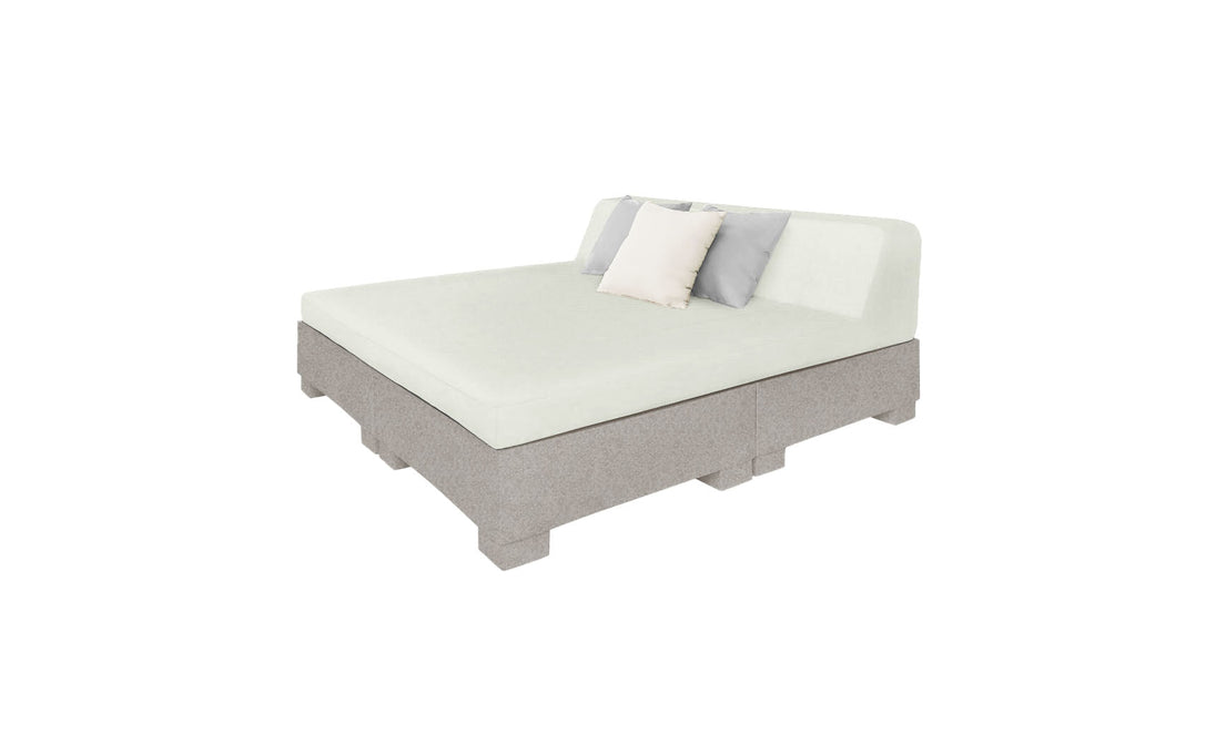 The Ledge Lounger Affinity Square Sunbed with Backrest Cushion is a minimalist sofa ideal for poolside relaxation. It features a light gray and white palette with two cushions against the backrest, showcasing modern clean lines and a low profile perfect for any outdoor space.