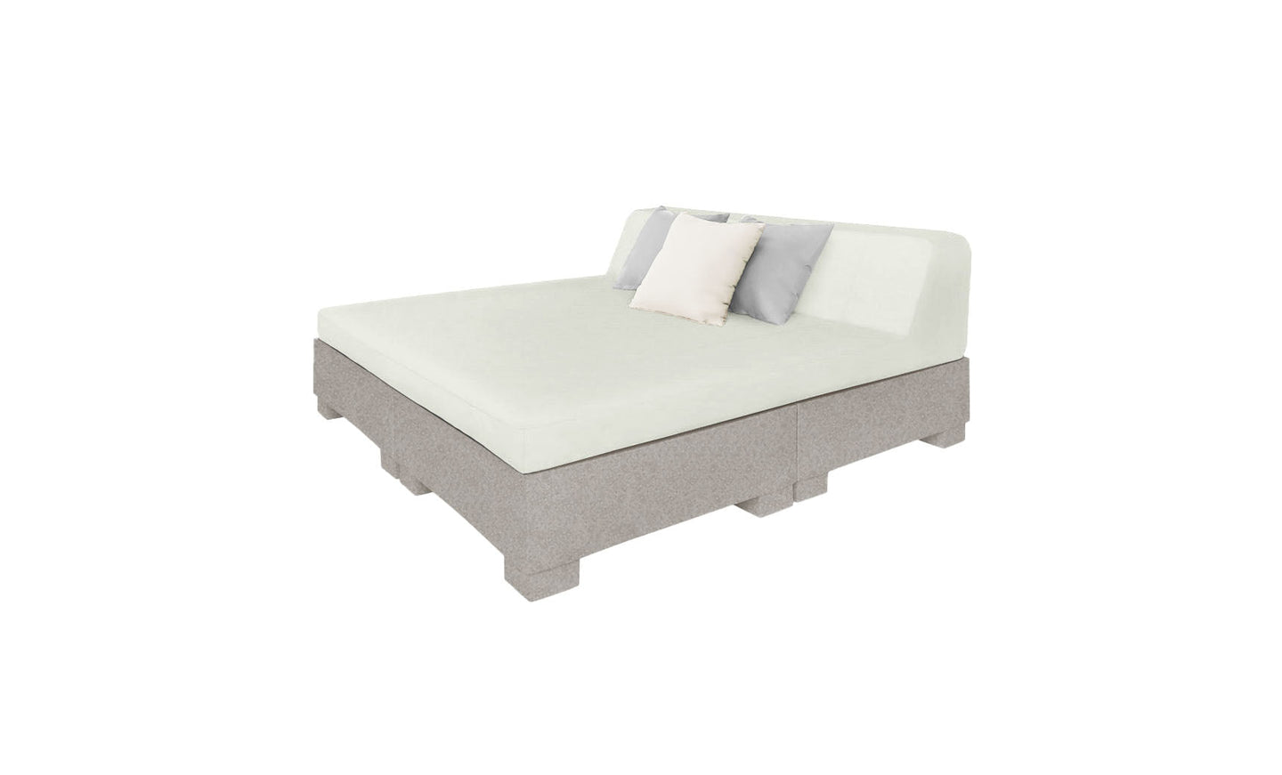 The Ledge Lounger Affinity Square Sunbed with Backrest Cushion is a minimalist sofa ideal for poolside relaxation. It features a light gray and white palette with two cushions against the backrest, showcasing modern clean lines and a low profile perfect for any outdoor space.