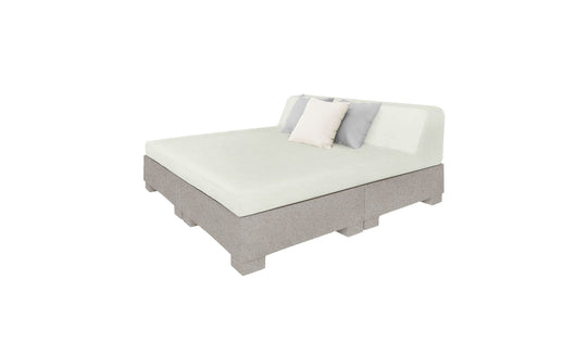 The Ledge Lounger Affinity Square Sunbed with Backrest Cushion is a minimalist sofa ideal for poolside relaxation. It features a light gray and white palette with two cushions against the backrest, showcasing modern clean lines and a low profile perfect for any outdoor space.