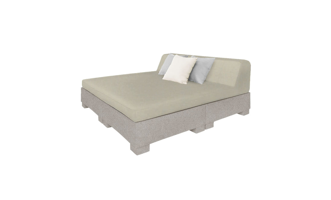 The Ledge Lounger Affinity Square Sunbed with Backrest Cushion features a minimalist, modern design with a sturdy light gray block frame, perfect for outdoor spaces. Its light gray mattress and white and gray pillows make it ideal for poolside relaxation.