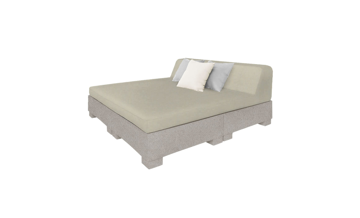 The Ledge Lounger Affinity Square Sunbed with Backrest Cushion features a minimalist, modern design with a sturdy light gray block frame, perfect for outdoor spaces. Its light gray mattress and white and gray pillows make it ideal for poolside relaxation.