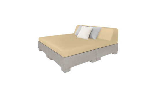 The Affinity Square Sunbed by Ledge Lounger is a modern beige sofa with minimalist design, ideal for poolside relaxation. It includes two small accent pillows—one white and one light gray—and a low-profile, clean-lined structure on a light gray rectangular base, perfect for creating a serene outdoor retreat.