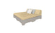 The Affinity Square Sunbed by Ledge Lounger is a modern beige sofa with minimalist design, ideal for poolside relaxation. It includes two small accent pillows—one white and one light gray—and a low-profile, clean-lined structure on a light gray rectangular base, perfect for creating a serene outdoor retreat.