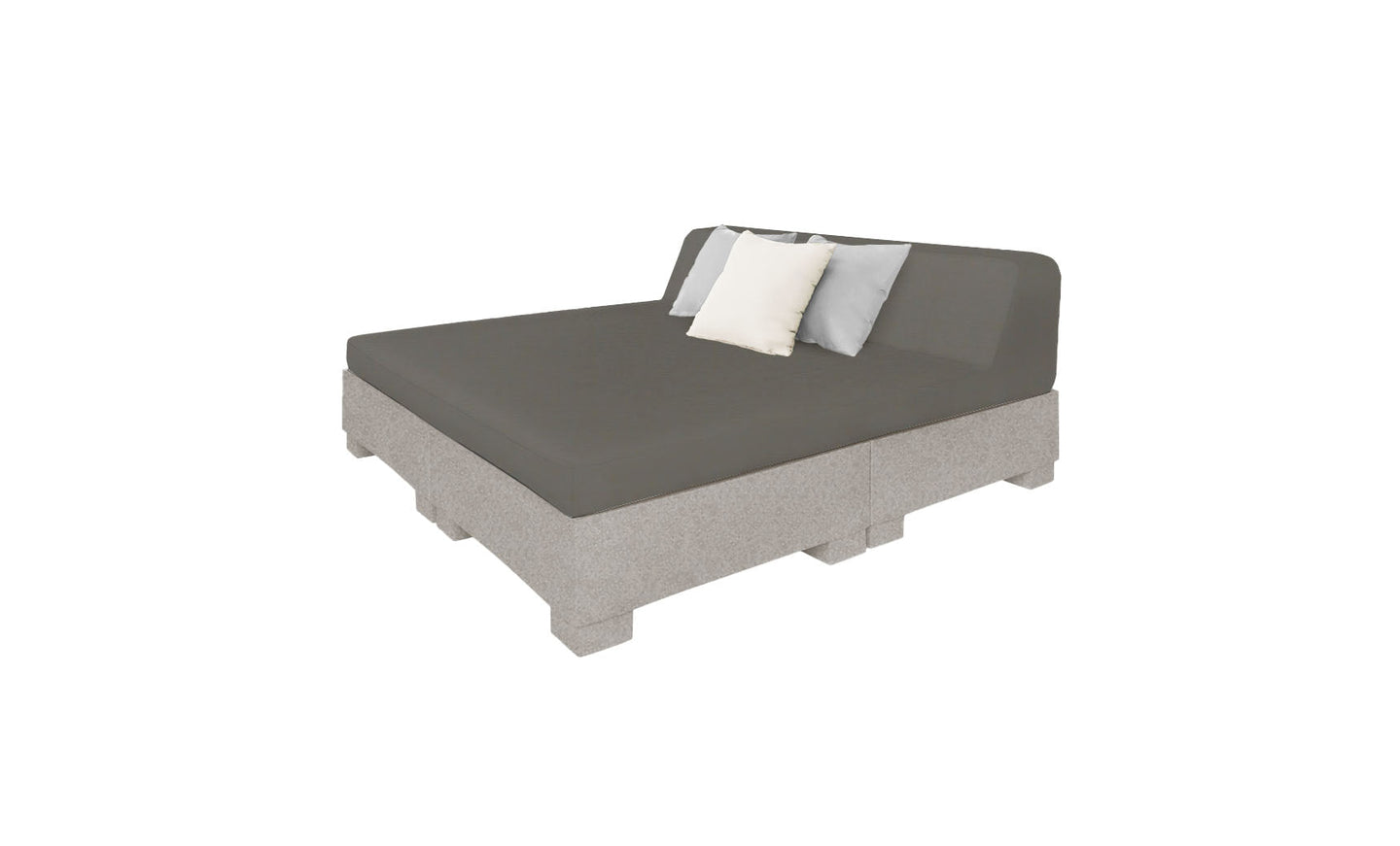 The Affinity Square Sunbed with Backrest Cushion by Ledge Lounger is a modern, minimalist piece featuring a gray platform base, dark gray mattress, backrest, and two light pillows on the left side, perfect for stylish poolside relaxation.