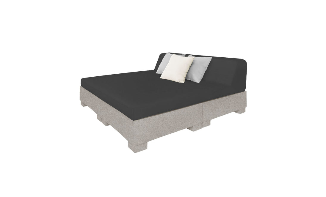Introducing the Affinity Square Sunbed with Backrest Cushion by Ledge Lounger. This modern, minimalist daybed features a gray fabric base crafted from wooden pallets, a black cushion, and two pillows—one white and one light gray—making it perfect for poolside relaxation or any outdoor space.