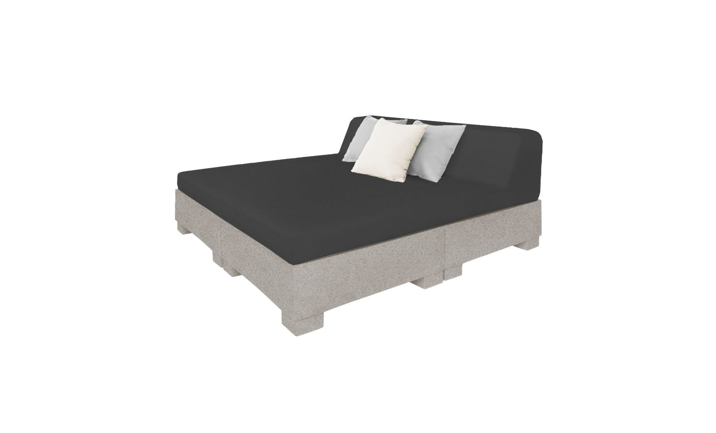 Introducing the Affinity Square Sunbed with Backrest Cushion by Ledge Lounger. This modern, minimalist daybed features a gray fabric base crafted from wooden pallets, a black cushion, and two pillows—one white and one light gray—making it perfect for poolside relaxation or any outdoor space.