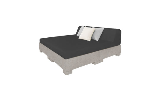 Introducing the Affinity Square Sunbed with Backrest Cushion by Ledge Lounger. This modern, minimalist daybed features a gray fabric base crafted from wooden pallets, a black cushion, and two pillows—one white and one light gray—making it perfect for poolside relaxation or any outdoor space.
