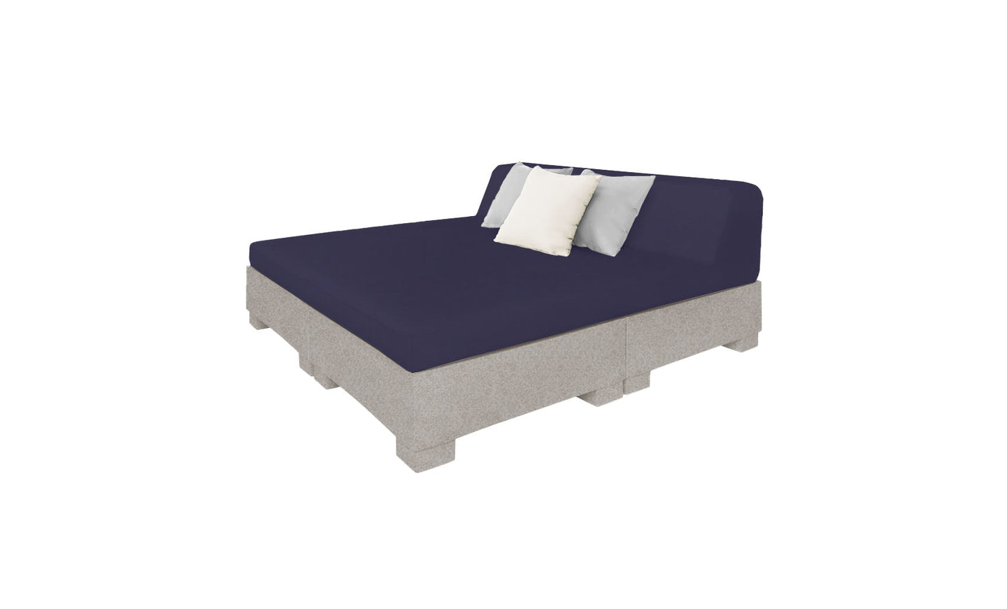 The Ledge Lounger Affinity Square Sunbed with Backrest Cushion features a minimalist, rustic design with a dark blue mattress and two light-colored pillows, one white and one grey, crafted from wood pallets. Its ideal for poolside relaxation or enhancing your outdoor space.
