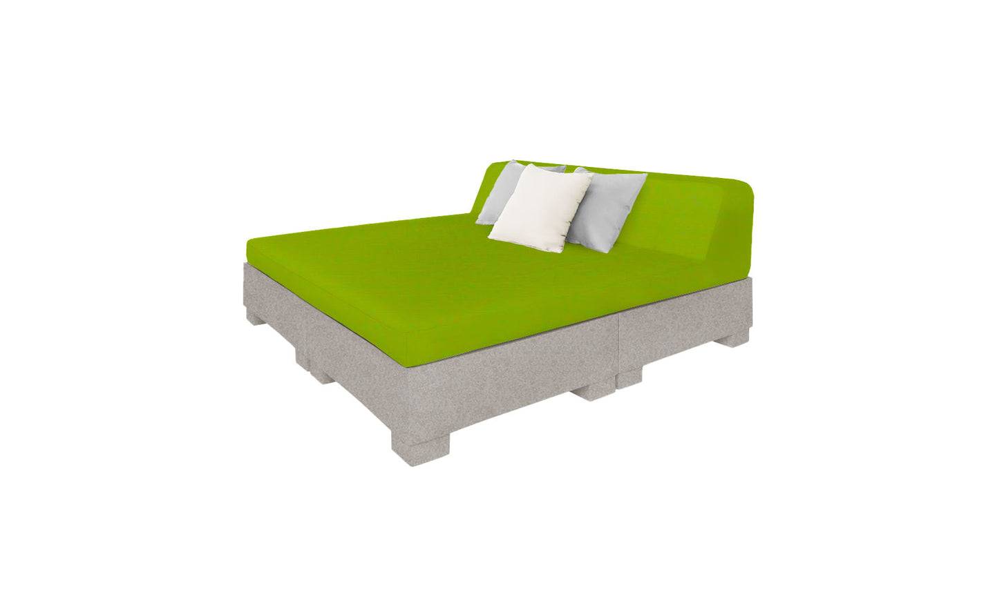 Introducing the Affinity Square Sunbed with Backrest Cushion by Ledge Lounger: a modern green-mattress bed with contrasting white and light gray pillows. Crafted from wooden pallets, it offers an eco-friendly design perfect for any outdoor poolside space.