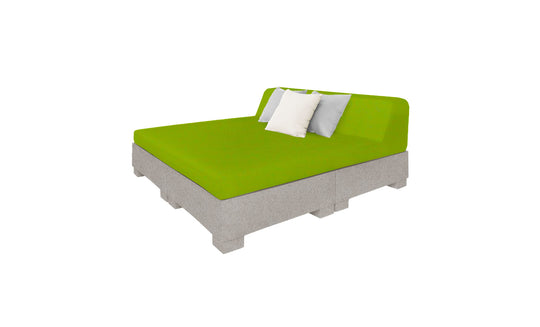 Introducing the Affinity Square Sunbed with Backrest Cushion by Ledge Lounger: a modern green-mattress bed with contrasting white and light gray pillows. Crafted from wooden pallets, it offers an eco-friendly design perfect for any outdoor poolside space.