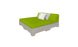 Introducing the Affinity Square Sunbed with Backrest Cushion by Ledge Lounger: a modern green-mattress bed with contrasting white and light gray pillows. Crafted from wooden pallets, it offers an eco-friendly design perfect for any outdoor poolside space.