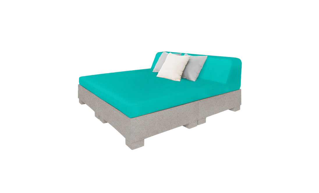 The Affinity Square Sunbed with Backrest Cushion by Ledge Lounger features a turquoise mattress and backrest on a light gray pallet base. It includes two pillows, one white and one light gray, against the backrest, set against a pristine white background—ideal for poolside relaxation.