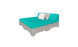 The Affinity Square Sunbed with Backrest Cushion by Ledge Lounger features a turquoise mattress and backrest on a light gray pallet base. It includes two pillows, one white and one light gray, against the backrest, set against a pristine white background—ideal for poolside relaxation.