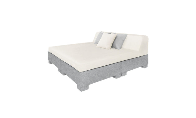 Introducing the Affinity Square Sunbed with Backrest Cushion by Ledge Lounger: a sleek platform bed perfect for indoor elegance or poolside relaxation. Featuring a light gray frame, white mattress, and trio of matching pillows, it embodies minimalist style with clean lines in any outdoor space.