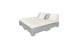 Introducing the Affinity Square Sunbed with Backrest Cushion by Ledge Lounger: a sleek platform bed perfect for indoor elegance or poolside relaxation. Featuring a light gray frame, white mattress, and trio of matching pillows, it embodies minimalist style with clean lines in any outdoor space.
