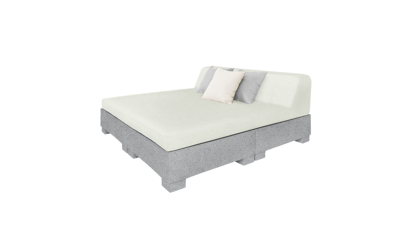 The Affinity Square Sunbed with Backrest Cushion by Ledge Lounger boasts a modern design featuring light gray upholstery, a simple headboard, and two pillows (white and gray). Ideal for elegant indoor use or poolside relaxation, this versatile sunbed effortlessly complements any setting.