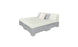 The Affinity Square Sunbed with Backrest Cushion by Ledge Lounger boasts a modern design featuring light gray upholstery, a simple headboard, and two pillows (white and gray). Ideal for elegant indoor use or poolside relaxation, this versatile sunbed effortlessly complements any setting.