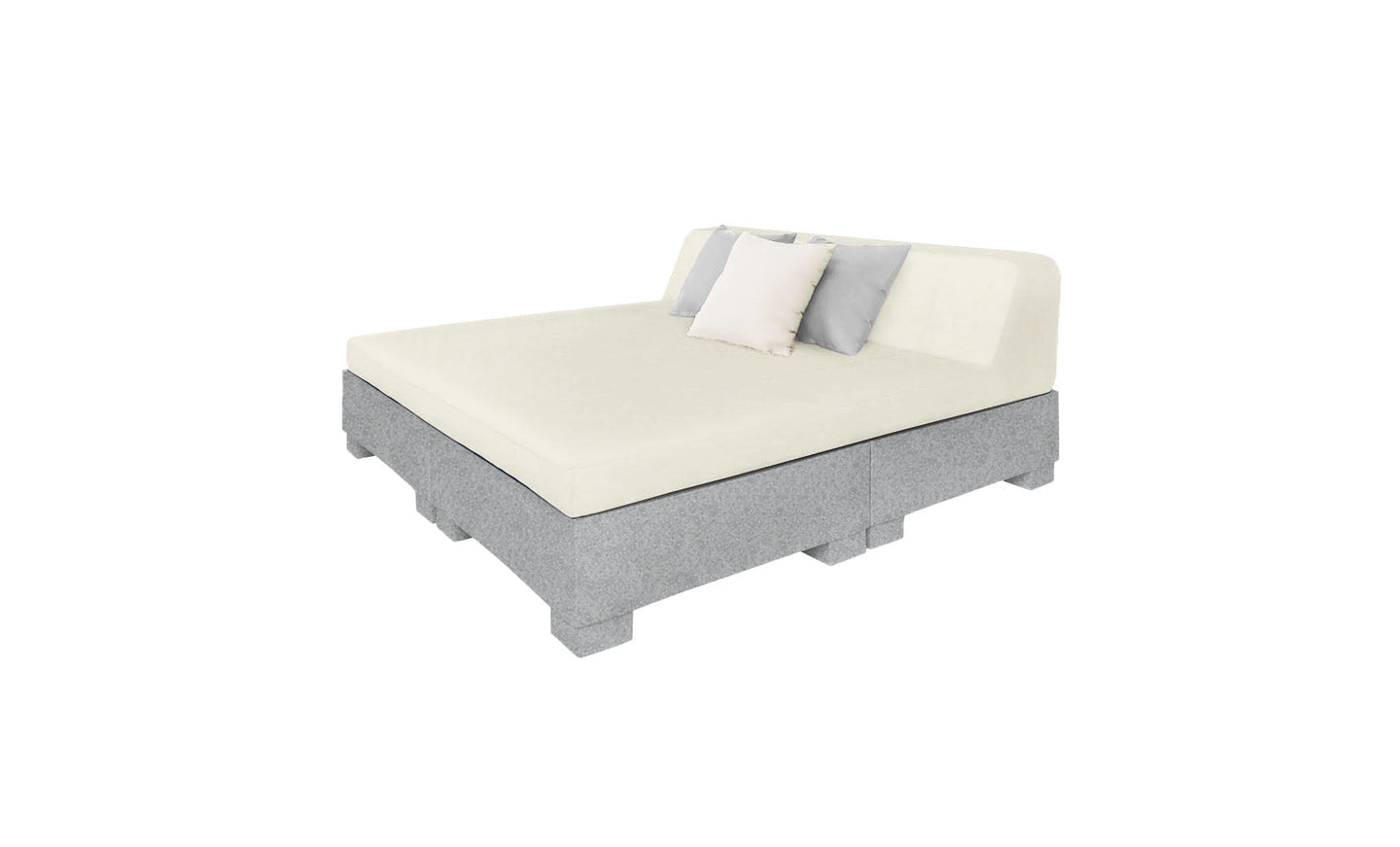 The Affinity Square Sunbed by Ledge Lounger adds style to outdoor areas with its large, light-gray design and cushioned headrest. Made from stacked industrial-style material, it features a cream mattress and three decorative pillows in white and gray, ideal for poolside lounging.
