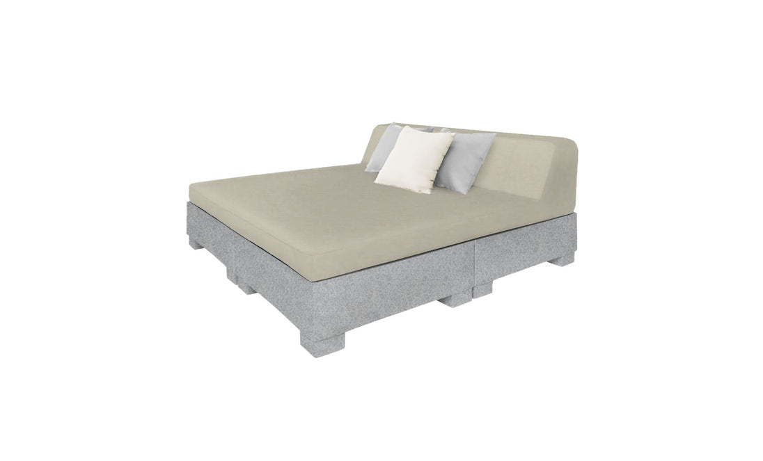 The Affinity Square Sunbed with Backrest Cushion by Ledge Lounger is a minimalist L-shaped sectional sofa in light grey, featuring three cushions in white and light grey. With its low back and pallet-style base, it blends contemporary and rustic elements for perfect poolside relaxation.