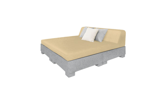 Introducing the Affinity Square Sunbed with Backrest Cushion by Ledge Lounger: a modern beige bed with a gray upholstered base, slightly reclined backrest, two gray pillows, and one white pillow. Perfect for poolside relaxing and enhancing any minimalist design, all set against a white background.
