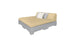 Introducing the Affinity Square Sunbed with Backrest Cushion by Ledge Lounger: a modern beige bed with a gray upholstered base, slightly reclined backrest, two gray pillows, and one white pillow. Perfect for poolside relaxing and enhancing any minimalist design, all set against a white background.