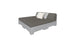 Introducing the Affinity Square Sunbed with Backrest Cushion by Ledge Lounger: a minimalist poolside bed featuring a gray mattress on a pallet-style base, two white pillows, one gray pillow, and set against a crisp white background. Perfect for enhancing any outdoor space.