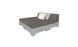 Introducing the Affinity Square Sunbed with Backrest Cushion by Ledge Lounger: a minimalist poolside bed featuring a gray mattress on a pallet-style base, two white pillows, one gray pillow, and set against a crisp white background. Perfect for enhancing any outdoor space.