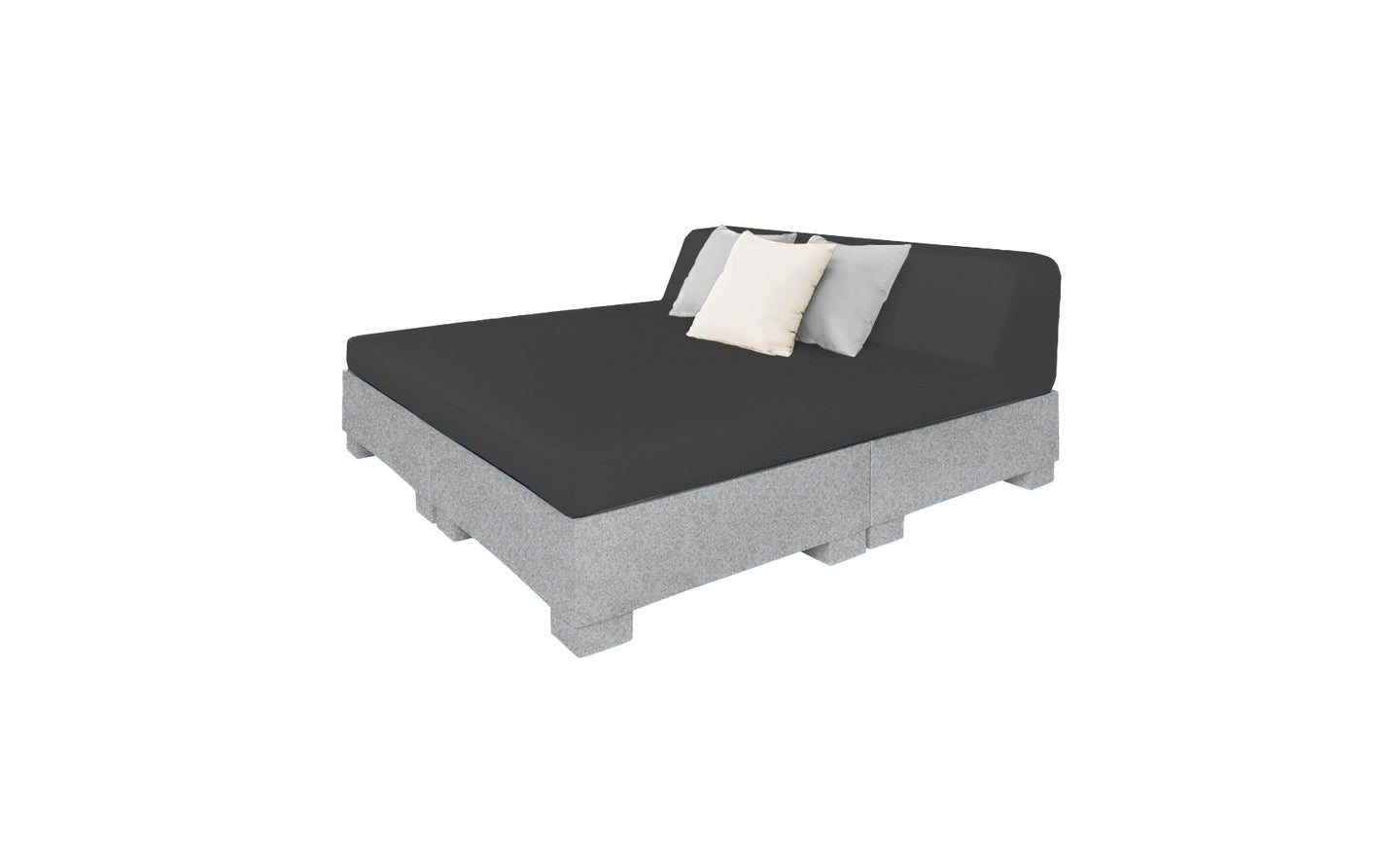The Affinity Square Sunbed with Backrest Cushion by Ledge Lounger boasts a minimalist design with a gray mattress on a pallet-style base. It features black, white, and gray cushions against the backrest, perfect for poolside lounging or adding simple elegance to outdoor spaces.
