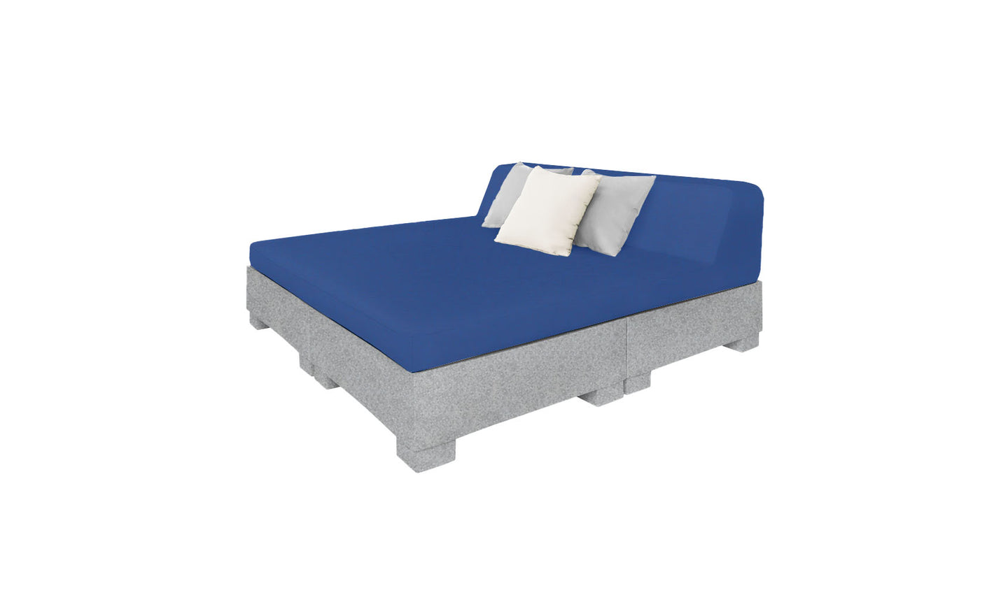 The Affinity Square Sunbed with Backrest Cushion by Ledge Lounger features a blue mattress and two pillows—one white, one light gray—atop a sleek, boxy gray base, creating an effortlessly contemporary look perfect for outdoor spaces or poolside relaxation.