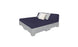 The Ledge Lounger Affinity Square Sunbed with Backrest Cushion boasts a modern, minimalist design featuring a gray upholstered base and dark blue mattress. It includes two pillows in light gray and white, perfect for poolside relaxation or outdoor enhancement against a white backdrop.