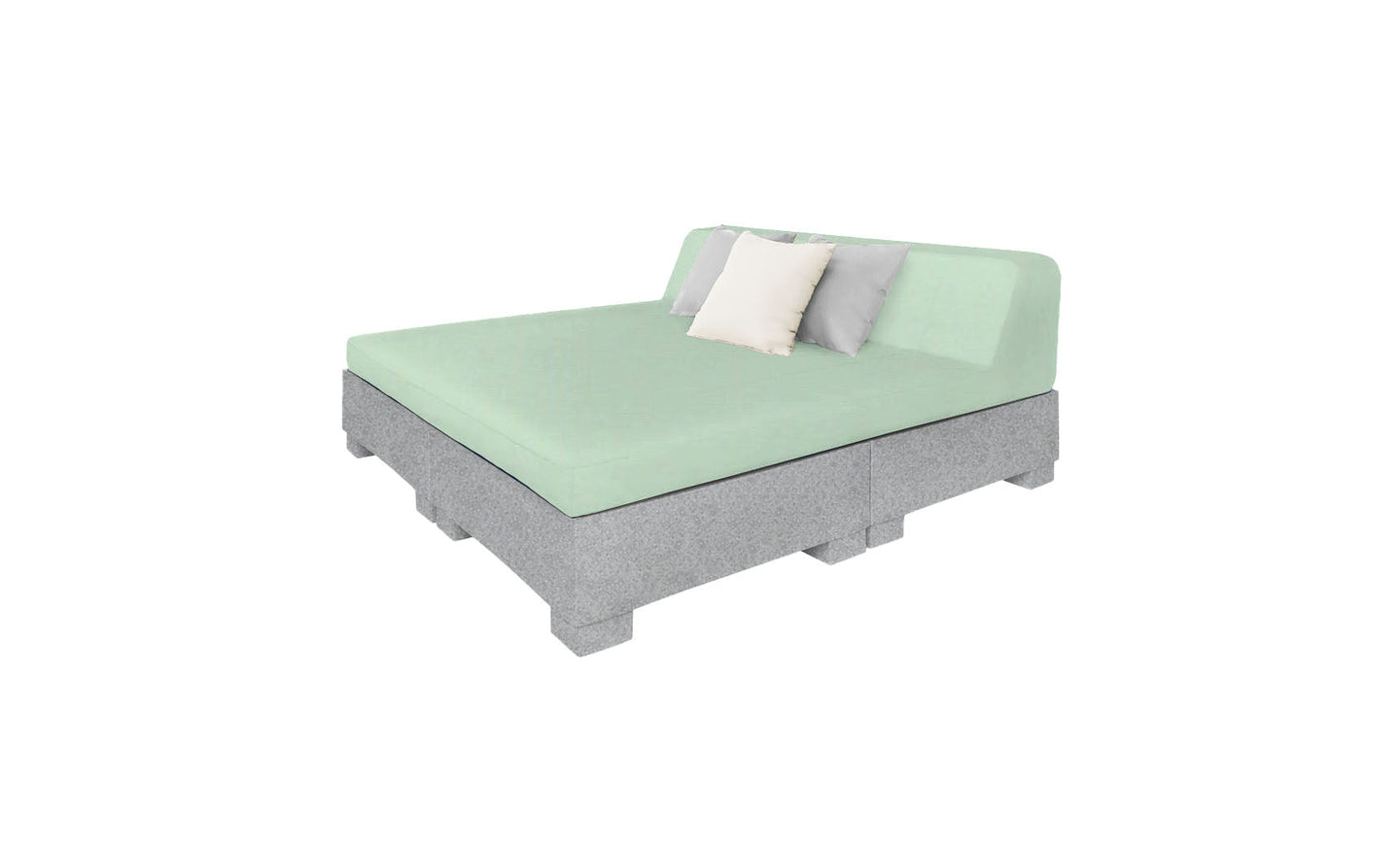 The Ledge Lounger Affinity Square Sunbed with Backrest Cushion is a minimalist outdoor sofa featuring a pale green cushion, gray base, and two pillows (white and gray). Its sleek design emphasizes simplicity and functionality—perfect for poolside relaxation.