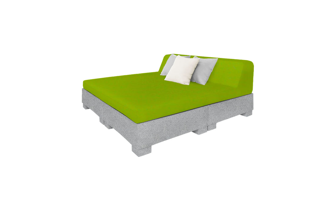 The Affinity Square Sunbed by Ledge Lounger features a green cushioned pallet-style design with a backrest, white and light gray pillows, and a light gray wooden pallet base, making it perfect for poolside relaxation against a crisp white background in any outdoor space.