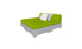The Affinity Square Sunbed by Ledge Lounger features a green cushioned pallet-style design with a backrest, white and light gray pillows, and a light gray wooden pallet base, making it perfect for poolside relaxation against a crisp white background in any outdoor space.