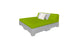 The Affinity Square Sunbed by Ledge Lounger features a green cushioned pallet-style design with a backrest, white and light gray pillows, and a light gray wooden pallet base, making it perfect for poolside relaxation against a crisp white background in any outdoor space.