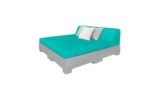 Meet the Affinity Square Sunbed with Backrest Cushion by Ledge Lounger: a modern design featuring a turquoise mattress and gray frame with a cushioned headrest. Perfect for poolside lounging, it includes one white and one gray pillow, offering minimalistic and contemporary style for any outdoor area.