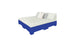 The Affinity Square Sunbed with Backrest Cushion by Ledge Lounger features a minimalist design with a white mattress and pillows on a blue base, seamlessly integrating the headrest. Perfect for serene outdoor settings, it invites poolside relaxation against a plain white background.