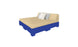 The Ledge Lounger Affinity Square Sunbed, with a beige mattress, two white pillows, and a blue platform base, is ideal for poolside relaxation. Its angled backrest adds comfort and style to any plain white outdoor space.