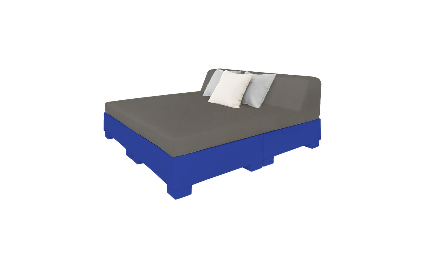 Introducing the Ledge Lounger Affinity Square Sunbed with Backrest Cushion: featuring a green mattress, blue platform, and one gray and two white pillows. Ideal for poolside relaxation, it elevates your outdoor space with style against its plain white backdrop.