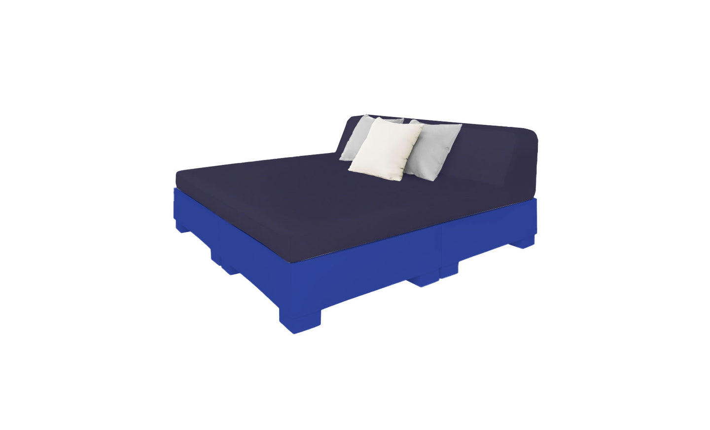 The Ledge Lounger Affinity Square Sunbed with Backrest Cushion, featuring a blue base and dark blue mattress, is perfect for poolside relaxation. It includes one white and one light gray pillow against a dark blue backrest on a white background, ideal for creating a serene outdoor retreat.