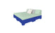 The Affinity Square Sunbed by Ledge Lounger boasts a light green mattress and two pillows (white and gray). With its blue frame and sleek design, its perfect for poolside relaxation. A crisp white backdrop enhances its modern appeal in your outdoor space.