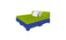 The Ledge Lounger Affinity Square Sunbed features a vibrant green mattress with backrest and a blue pallet base, complete with two white pillows. Perfect for poolside relaxation, it stands out against a plain white background to enhance any outdoor space.