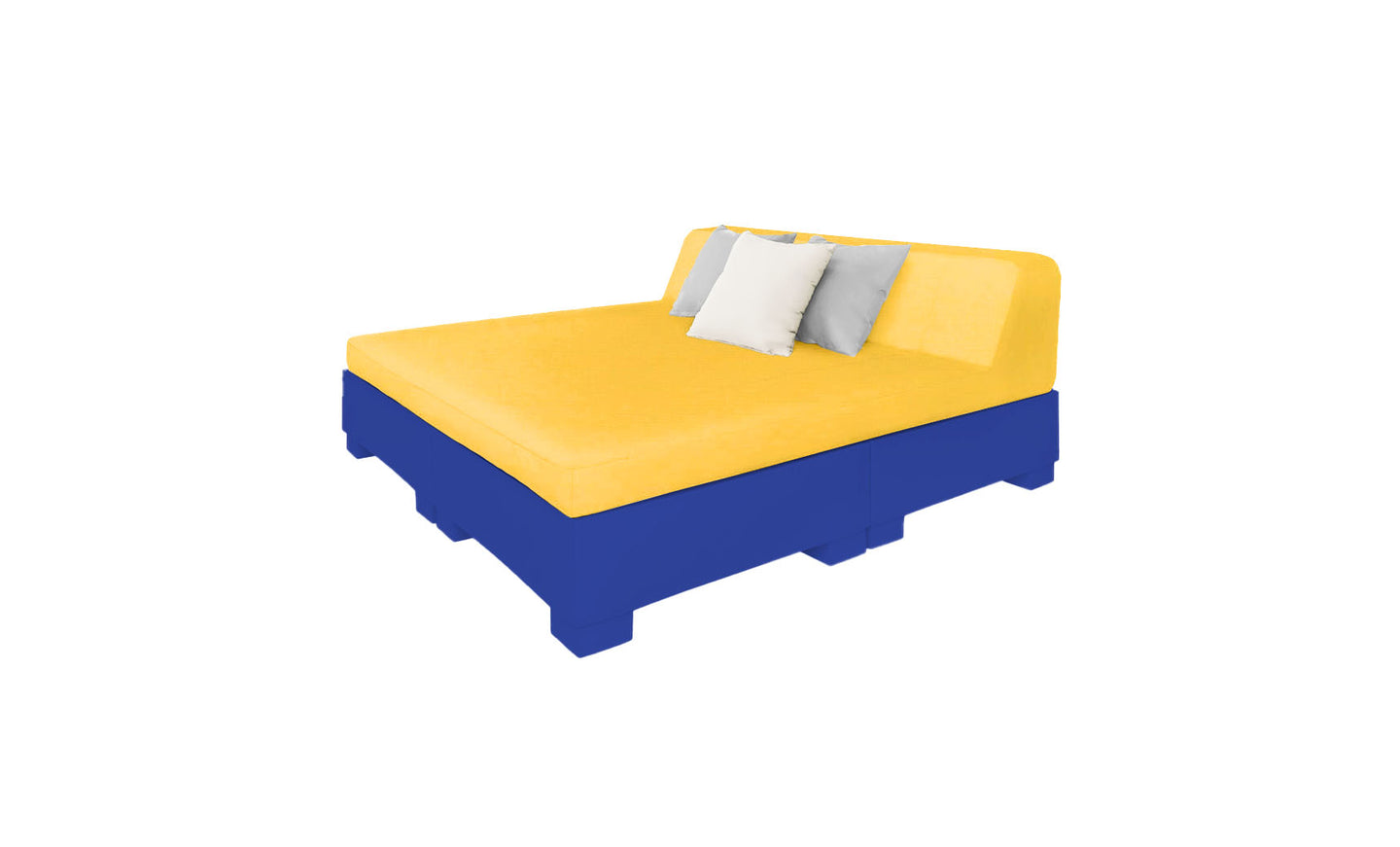 Introducing the Affinity Square Sunbed with Backrest Cushion by Ledge Lounger—a vibrant outdoor addition featuring a bright yellow mattress on a blue base, cushioned yellow headboard, two pillows (gray and white), all set against a pristine white backdrop. Perfect for poolside relaxation.